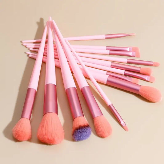 13pcs Pink Cute Makeup Brush Set - Travel Bag Included - Full Cosmetics Set with Foundation, Contour